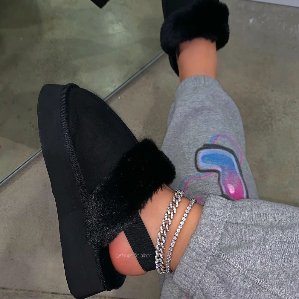 Platform Fuzzy Slip On Sandals
